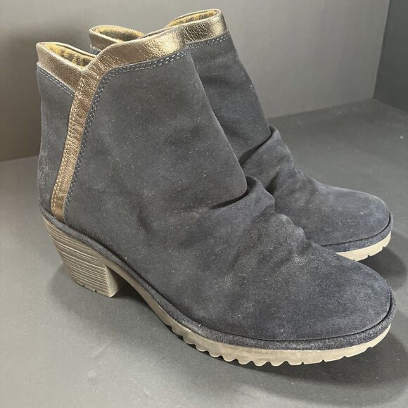 FLY LONDON IDRA Zip Up Ankle Boots Sz 38/7.5 Black Suede Leather Metallic Trim - Picture 1 of 12